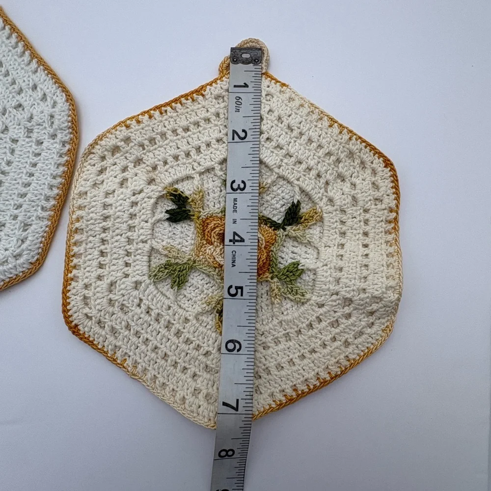 Theee Vintage Handmade Crochet Floral Pot Holders